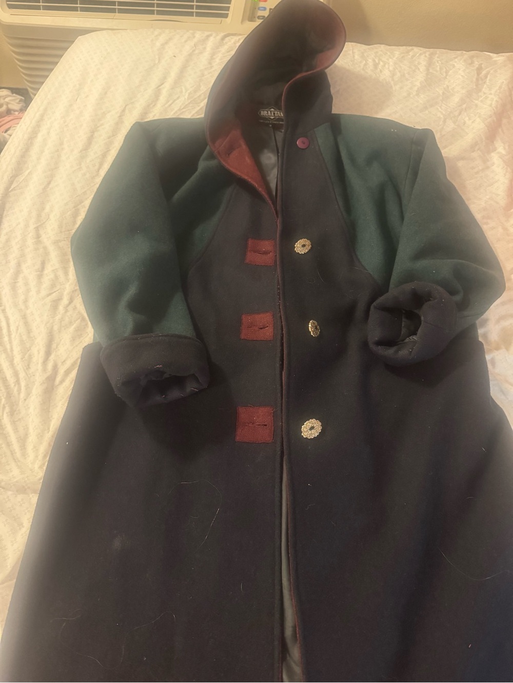 Braetan Black Pea Coat with Dark Green Sleeves and Burgundy Trim